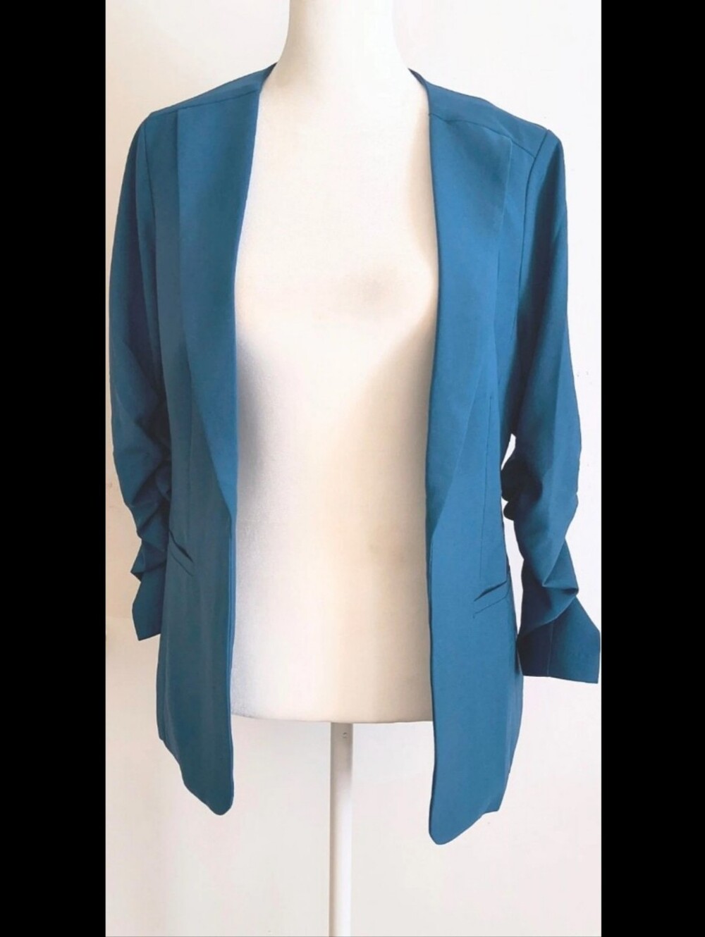 Skies Are Blue Anthropologie Teal Blue Ruched Sleeve Open Front Jacket XS